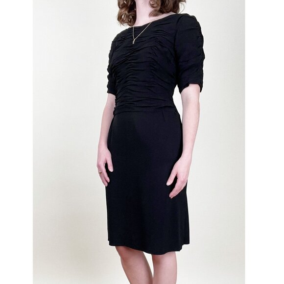 Vintage 1960s Little Black Dress Mini Midi Pleated Drape Preppy Bow Handmade 60s - Picture 4 of 7